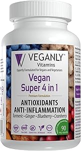 VEGANLY Vitamins Vegan Super 4 in 1 Antioxidants & Anti-Inflammation. All Natural All-in-One from Turmeric, Ginger, Blueberry, Cranberry (90 caps) Helps Relief Joint Pain and Improve Digestion