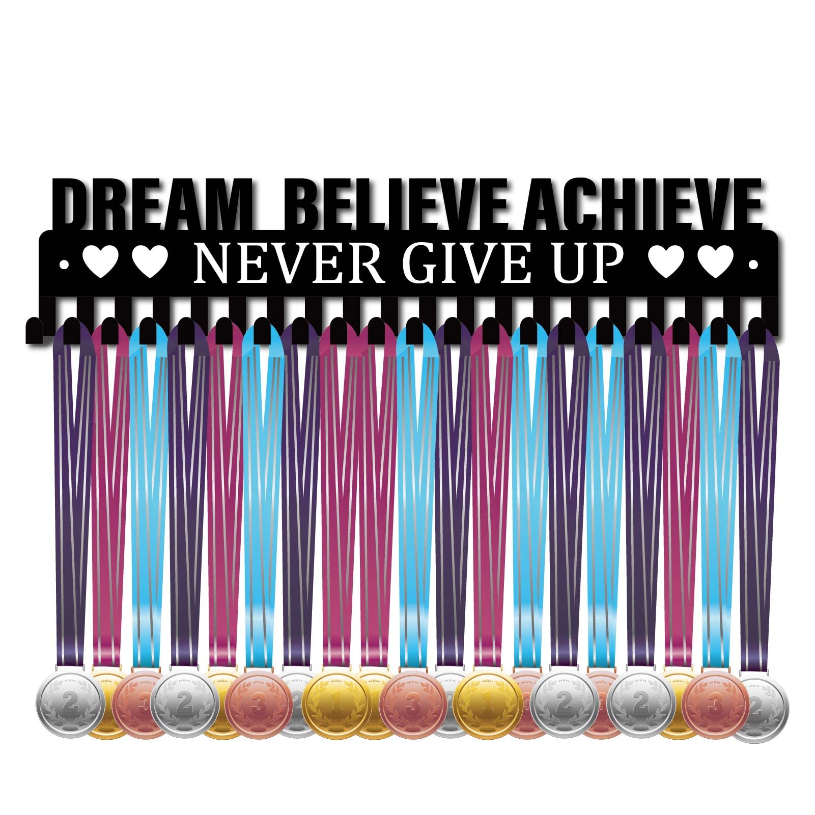 CREATCABIN Medal Holder Display Hanger Rack Sports Dream Believe Achieve Never Give Up Metal Wall Mount with 20 Hooks for Race Runner Players Gymnastics Gymnast Over 60 Medals Black 15.7 x 3.5inch