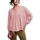 Yeokou Womens Pleated Shirt Cotton V Neck Long Sleeve Button Blouse Loose Fit A Line Henley Summer Fall Top