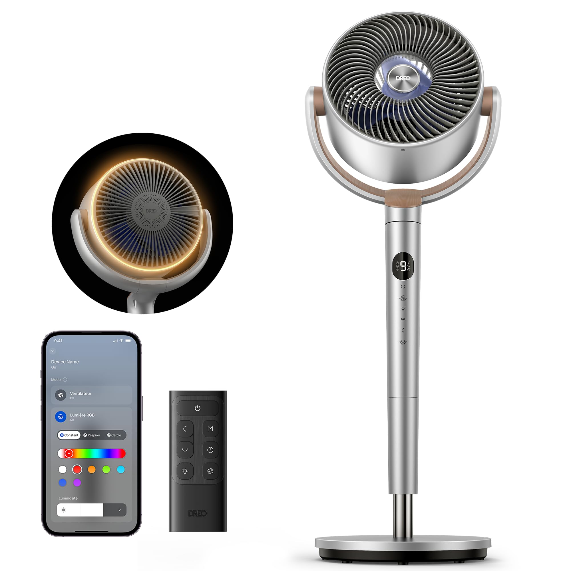 DREO 23dB Intelligent ventilateur sur pied silencieux, 24M portée, volume d'air 1200m³/h, turbo circulateur, 102CM hauteur, 6 modes, 8 vitesses, oscillation omnidirectionnelle 120°+120°, PolyFan 502S