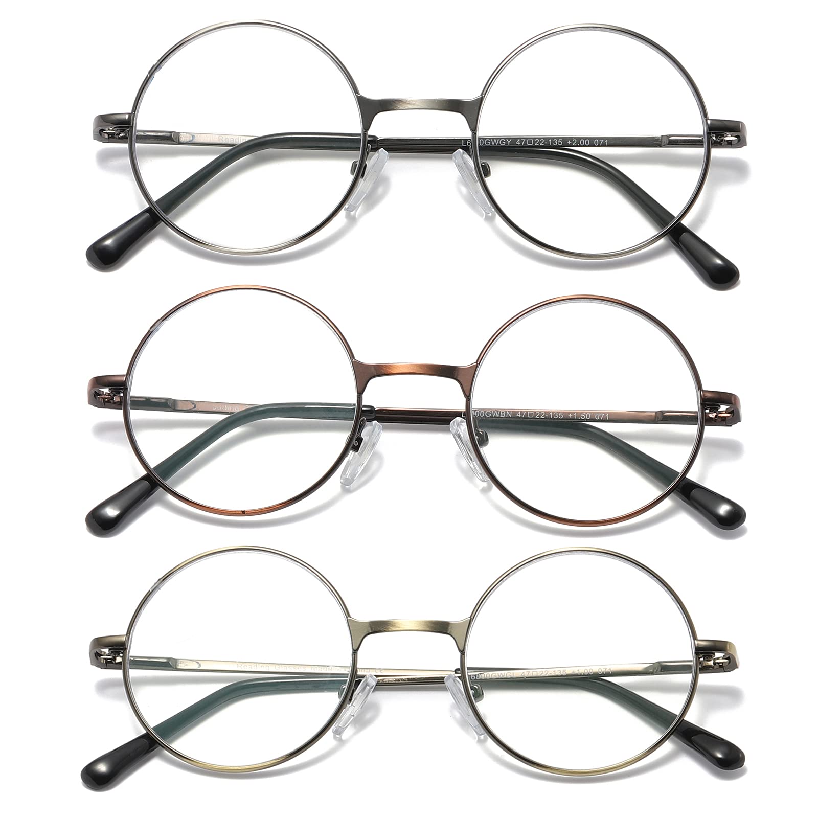 KoKoBin 3 Pack Round Frame Reading Glasses Blue Light Blocking Reader Metal Full Frame Retro Glasses (3 Pack, 1.5, diopters)