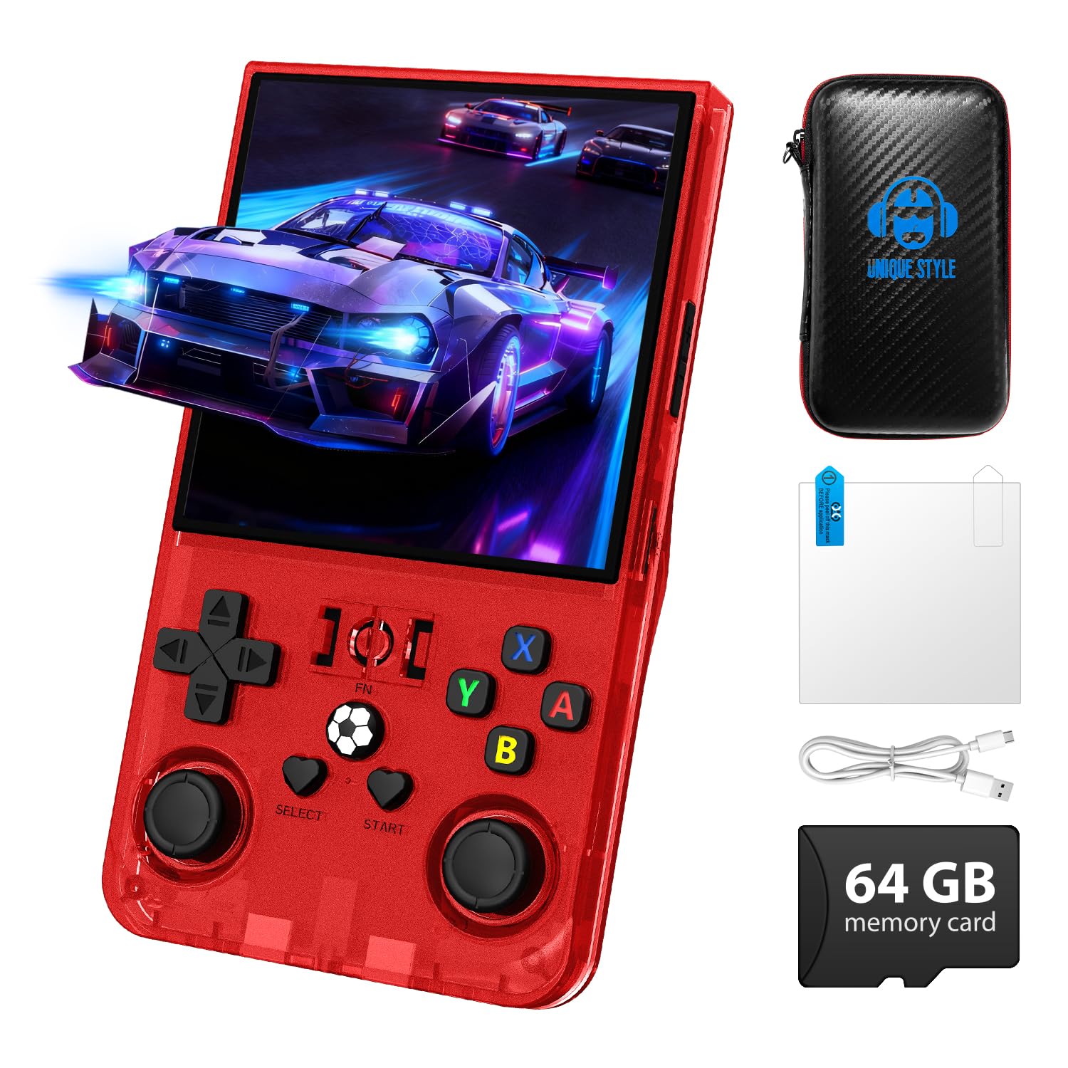 Photo 1 of R36MAX Handheld Game Console, Retro Gaming Console with 4000mAh Battery 4.0”IPS Screen, Open Source Linux System, with 64GB TF Card Portable Video Gaming Console, Transparent Ruby