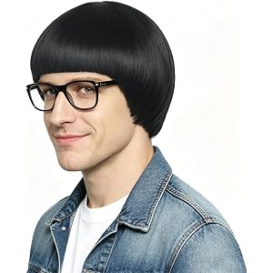 yuehong Mens Short Black Bowl Cut Wig Bob 60s70s Funny Wig | Heat Resistant Synthetic Fibers Soft Durable Breathable Costume