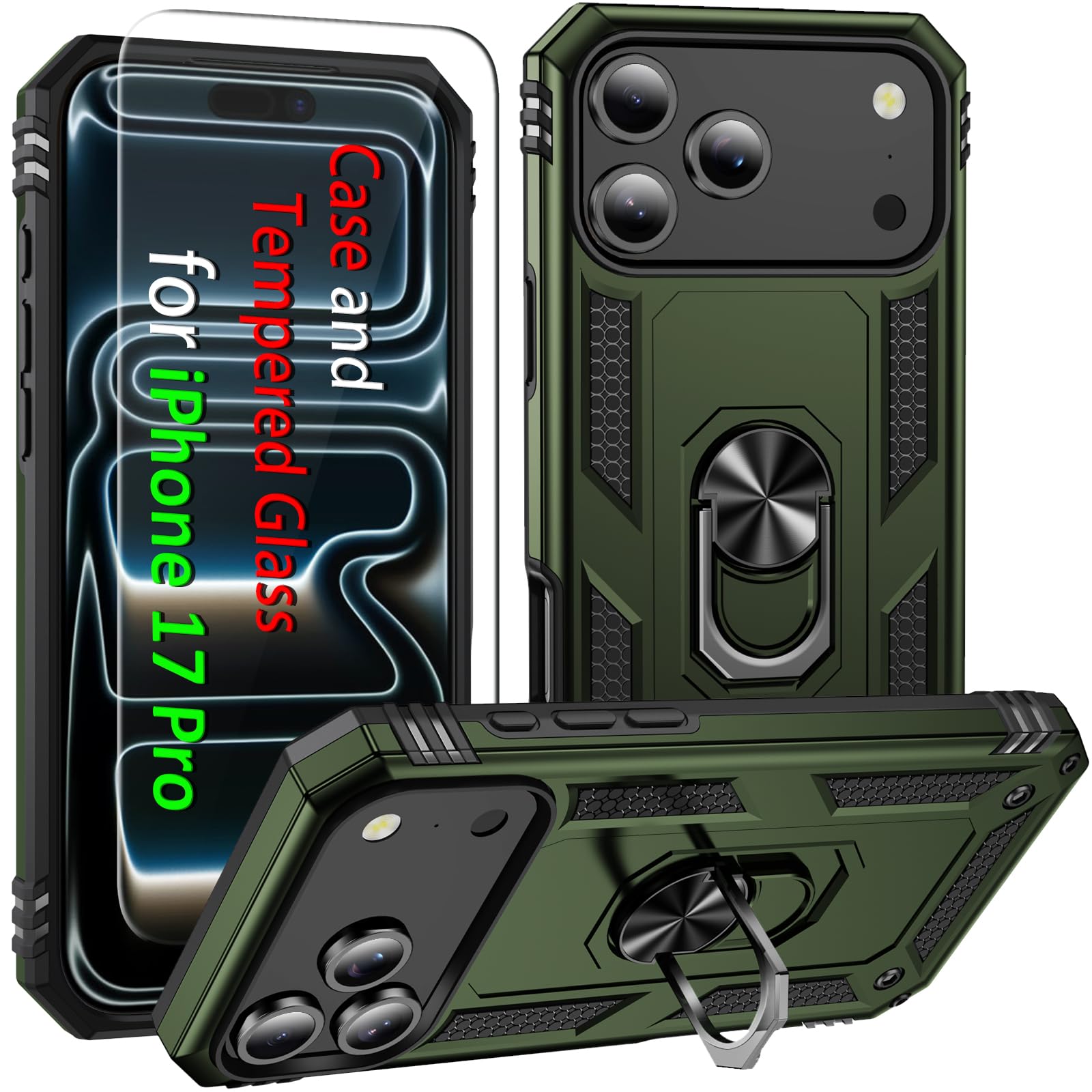 Photo 1 of pink ADDIT Compatible with iPhone 17 Plus Case with Tempered Glass Screen Protector, Adjustable Kickstand Ring, Military-Grade Heavy Duty Protection, Shockproof, Anti-Fingerprint,Purple