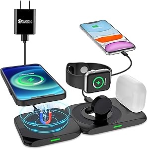 Wireless Charger, 4 in 1 Magnetic Charging Station Compatible for Apple Watch Series, Airpods Pro/Airpods, MagSafe Fast Wireless Charging Pad for iPhone 12/11/Pro Max/Mini/XS/X(18W Adapter Included)