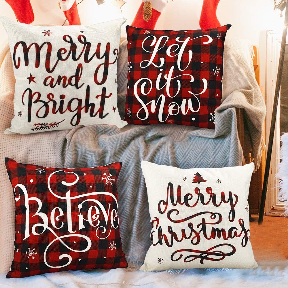 YGEOMER Christmas Pillow Covers 18×18 Inch Set of 4 Farmhouse Black and Red Buffalo Plaid Pillow Covers Holiday Rustic Linen Pillow Case for Sofa Couch Christmas Decorations Throw Pillow Covers: Home & Kitchen