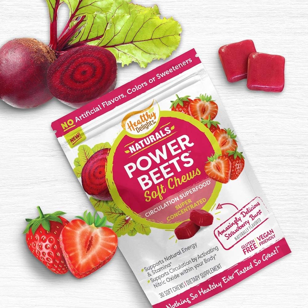 Healthy Delights Naturals, Power Beets Soft Chews, Super Concentrated, Circulation Superfood, Supports Natural Energy & Stamina, Delicious Strawberry Burst Flavor, 30 Count: Health & Personal Care