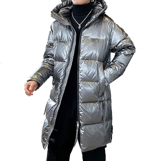Amazon メンズ ダウンジャケット 中綿ダウン ロング丈 ダウンコート 冬用 フード付き 光沢感 ツヤツヤ 耐水性 防風 寒さ対策 アウトドア 男性用 男の子 お洒落 かっこいい アウトドア 日常 登山 スキー ウオーキング ブラック シルバー 大きいサイズ コート