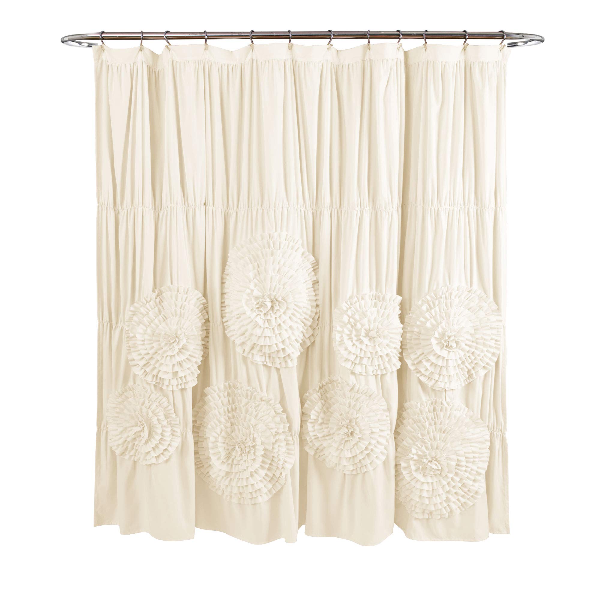 Lush Decor Serena Shower Curtain Ruffled Floral Shabby Chic Farmhouse Style Bathroom Decor, 72” x 72”, Ivory