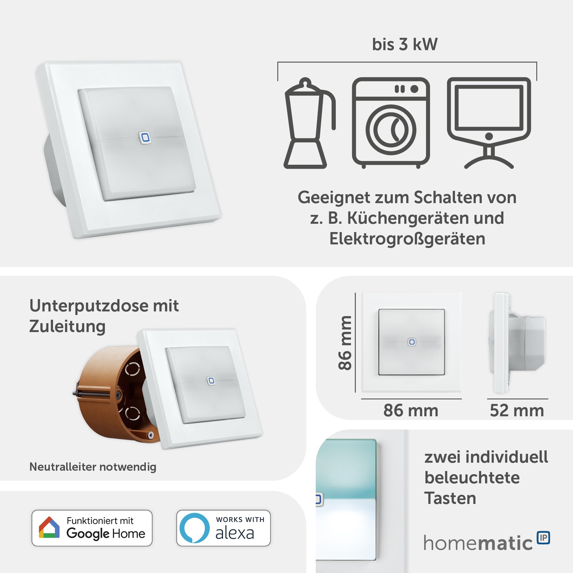 Homematic IP Schaltaktor für Markenschalter – mit Signalleuchte, Smart Home, zwei beleuchtete Tasten, steuert Geräte und Leuchten per App, Alexa & Google Home, Energie sparen, 152020A0 3