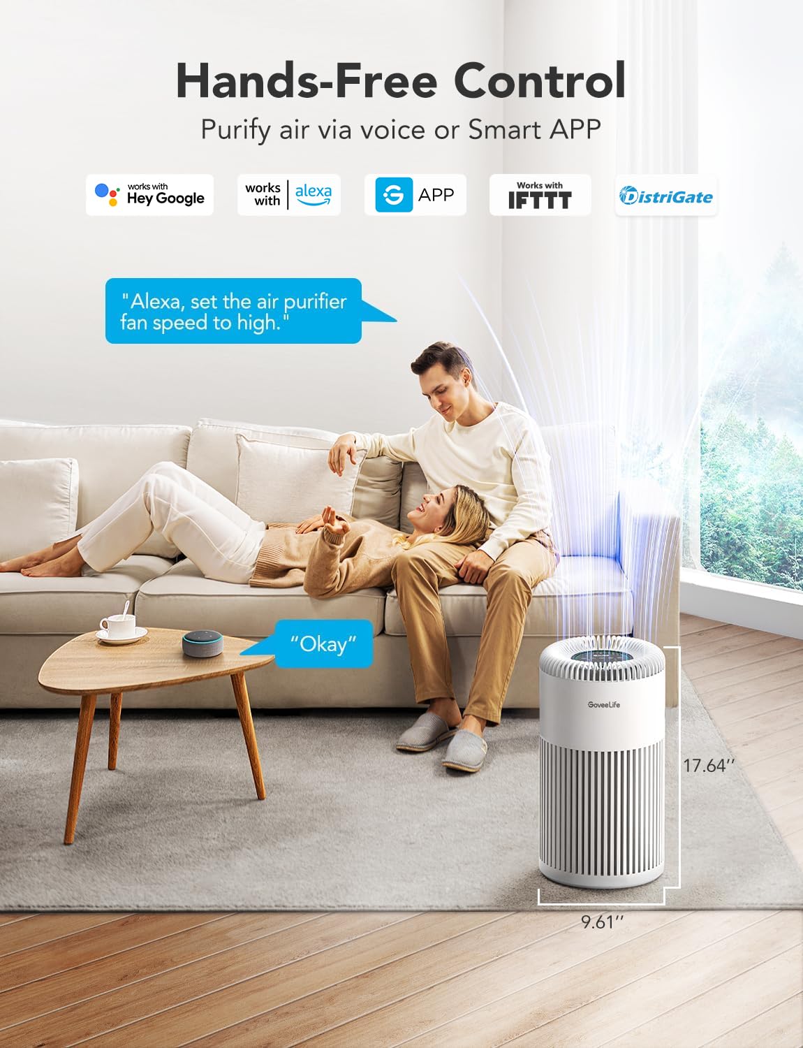 GoveeLife Smart Air Purifier for Home Large Room Up to 1524 sq.ft.with Washable Filter, Integrated PM 2.5 Air Quality Sensor,WiFi, Air Purifier for Smoke, Wildfire, Pet Hair,24dB, White