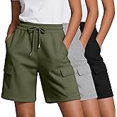 Neer 3 Pack Women's Bermuda Shorts Cargo Elastic Drawstring Knee Length Shorts Casual Loose Yoga SweatShorts with 4 Pockets