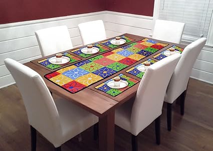 V4 Trends PVC 6 Seater Water Proof Dining Table Runners with Placemats (Multicoloured)