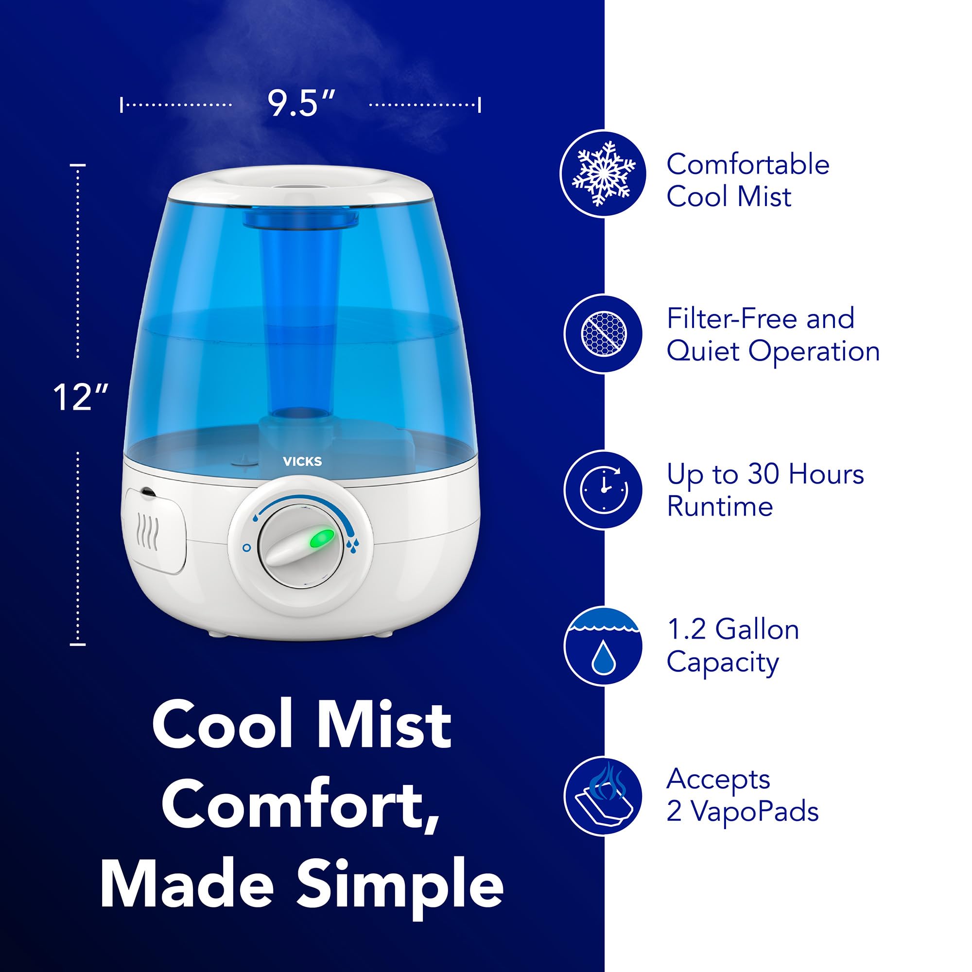 Vicks Filter-Free Ultrasonic Humidifier, Recommended by Pediatricians*, 1.2 Gal Ultrasonic Cool Mist Humidifiers for Bedrooms & Kids Rooms, Works with Vicks VapoPads