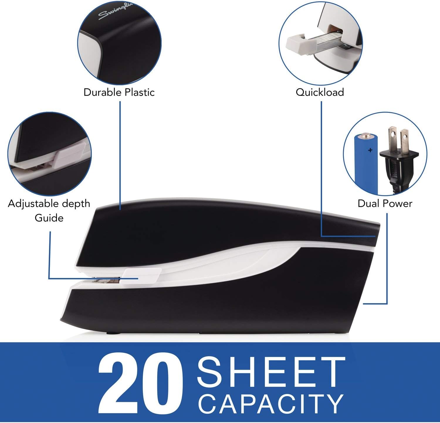 Swingline Electric Stapler, Compact, Full Strip, 20 Sheet Capacity, AC Adapter or Battery Powered, Portable, Black (48200) : Desk Staplers : Office Products