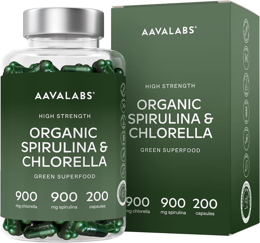 AAVALABS Organic Spirulina Chlorella Capsules 1800mg 200 Vegan