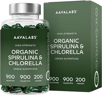 AAVALABS Organic Spirulina Chlorella Capsules 1800mg 200 Vegan