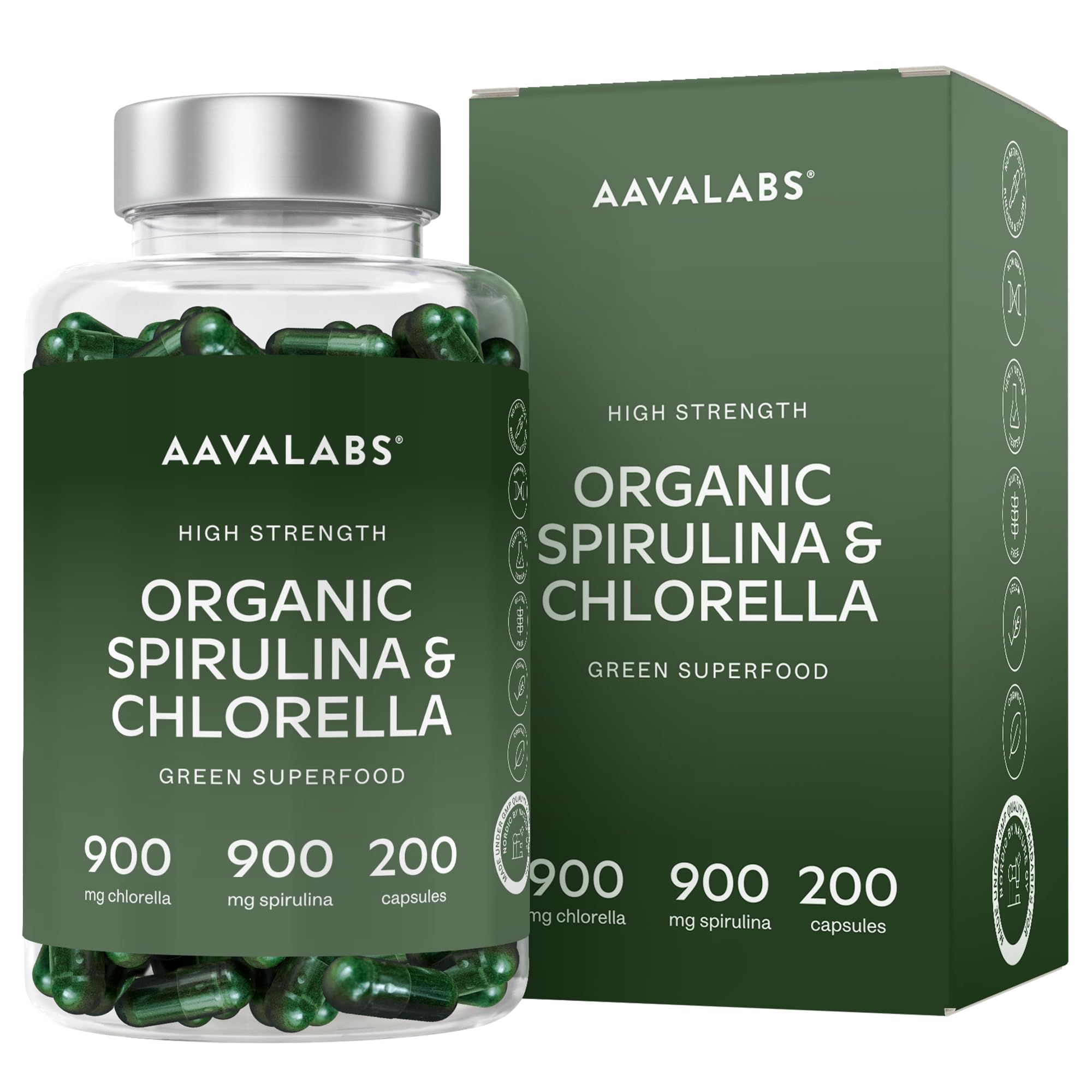 Organic Spirulina and Chlorella Capsules - Spirulina Powder and Chlorella Powder - Broken Cell Wall - 1800mg per Serving - 200 Capsules - Vegan