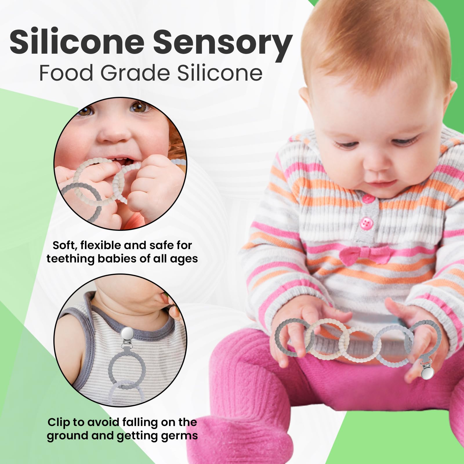 Silicone Sensory Teether Rings with Clip
