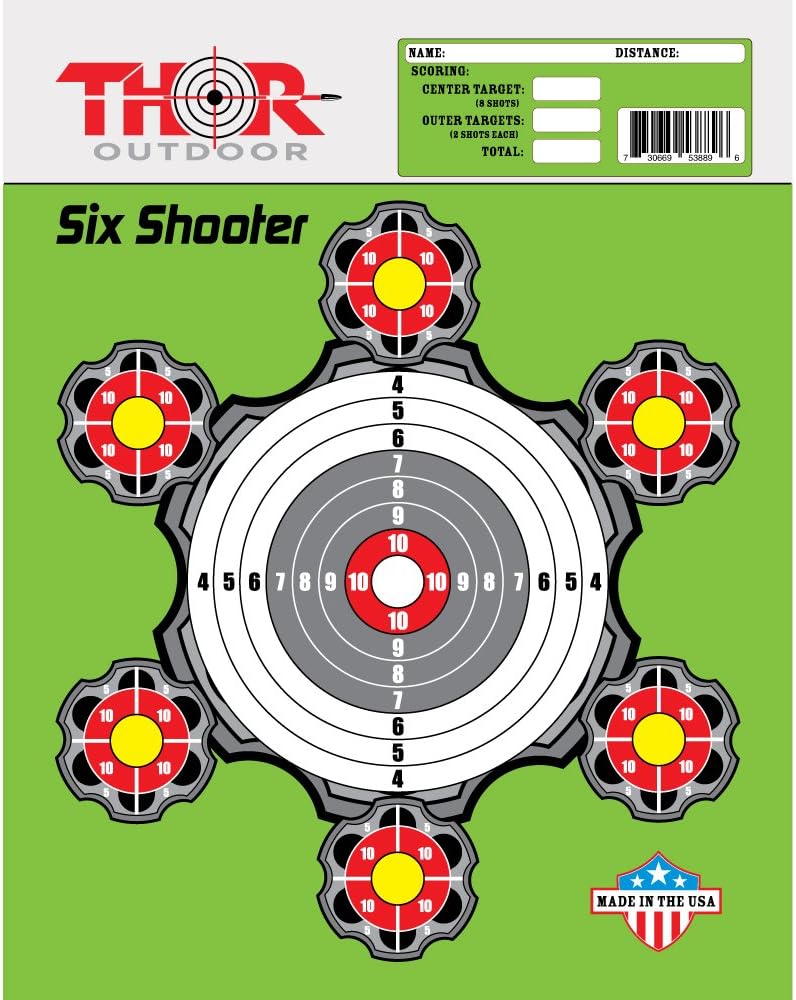 Six Shooter Paper Shooting Target by Thor Outdoor - 14 x 18 in - 7 Bullseye - Handgun, Pistol, Rifle, BB, Airsoft, Pellet Targets for Indoor / Outdoor Gun Ranges (Lime - 25 Pack)