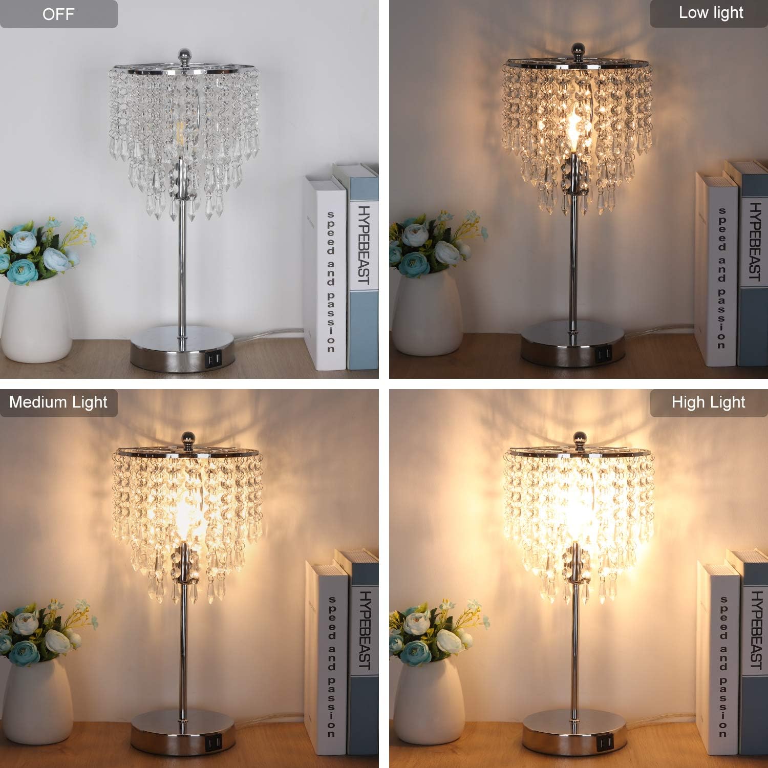 Touch Control Crystal Table Lamp with Dual USB Charging Ports, 3-Way Dimmable Bedside Touch Lamp Decorative Nightstand Lamp with Elegant Lamp Shade for Living Room Bedroom, B11 6W LED Bulb Included - - 
