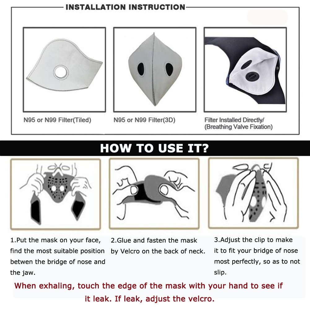 Activated Carbon Dustproof Dust Mask Filtration Exhaust Gas PM2.5 with 2 Valves 2 N99 Activated Carbon Filters for Running Cycling Outdoor Activities (Deep Black)