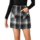 Rooscier Women's Plaid High Waist Zipper Front Wool Mini Skirt with Pockets