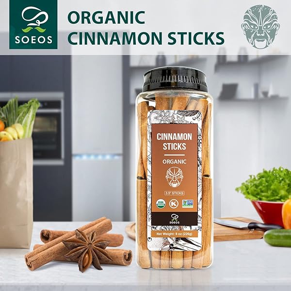 SOEOS ORGANIC CINNAMON STICKS, 8 OZ (226G), 3.5″ LENGTH, 100% RAW, NON-GMO, KOSHER CERTIFIED, WHOLE CINNAMON STICKS SEASONING SPICE FOR COFFEE, BAKING, COOKING AND BEVERAGES