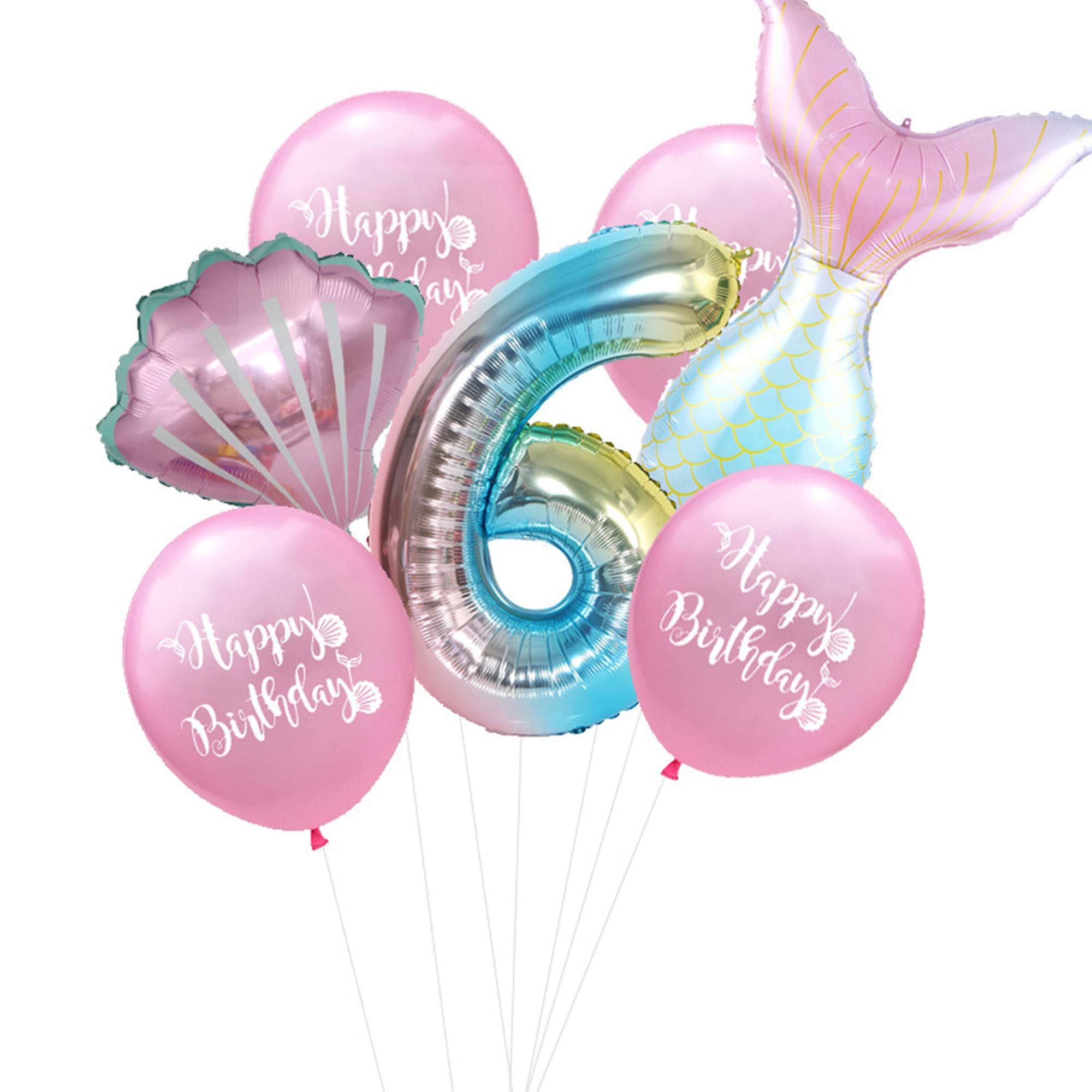 7PCs Mermaid Foil Balloons Set Mermaid Sea Theme Birthday Party Decoration 32 Inch Number Foil Balloon Shell Helium Balloon (Pink-6)