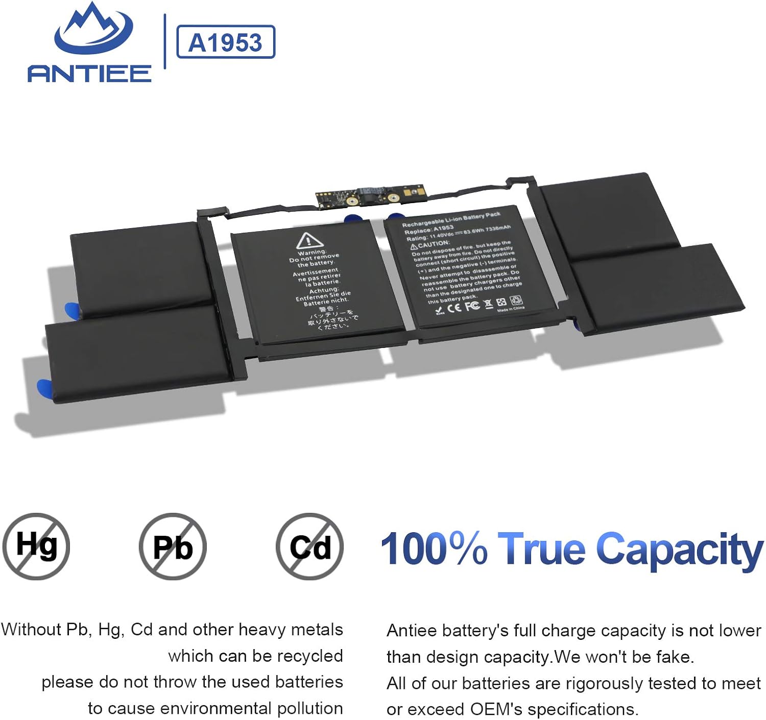 ANTIEE 11.4V 83.6Wh A1953 Laptop Battery for MacBook Pro 15" A1990 Mid 2018 2019 Version EMC 3215 3359 BTO CTO Touch Bar MV902LL/A MV912LL/A MV922LL/A MV932LL/A MV942LL/A MV952LL/A MV962LL/A MV972LL/A - Image 5