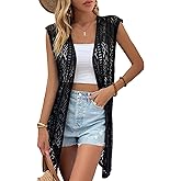 Milumia Women's Sleeveless Long Crochet Vest Open Front Cardigan Lightweight Knit Cover Up Sweater