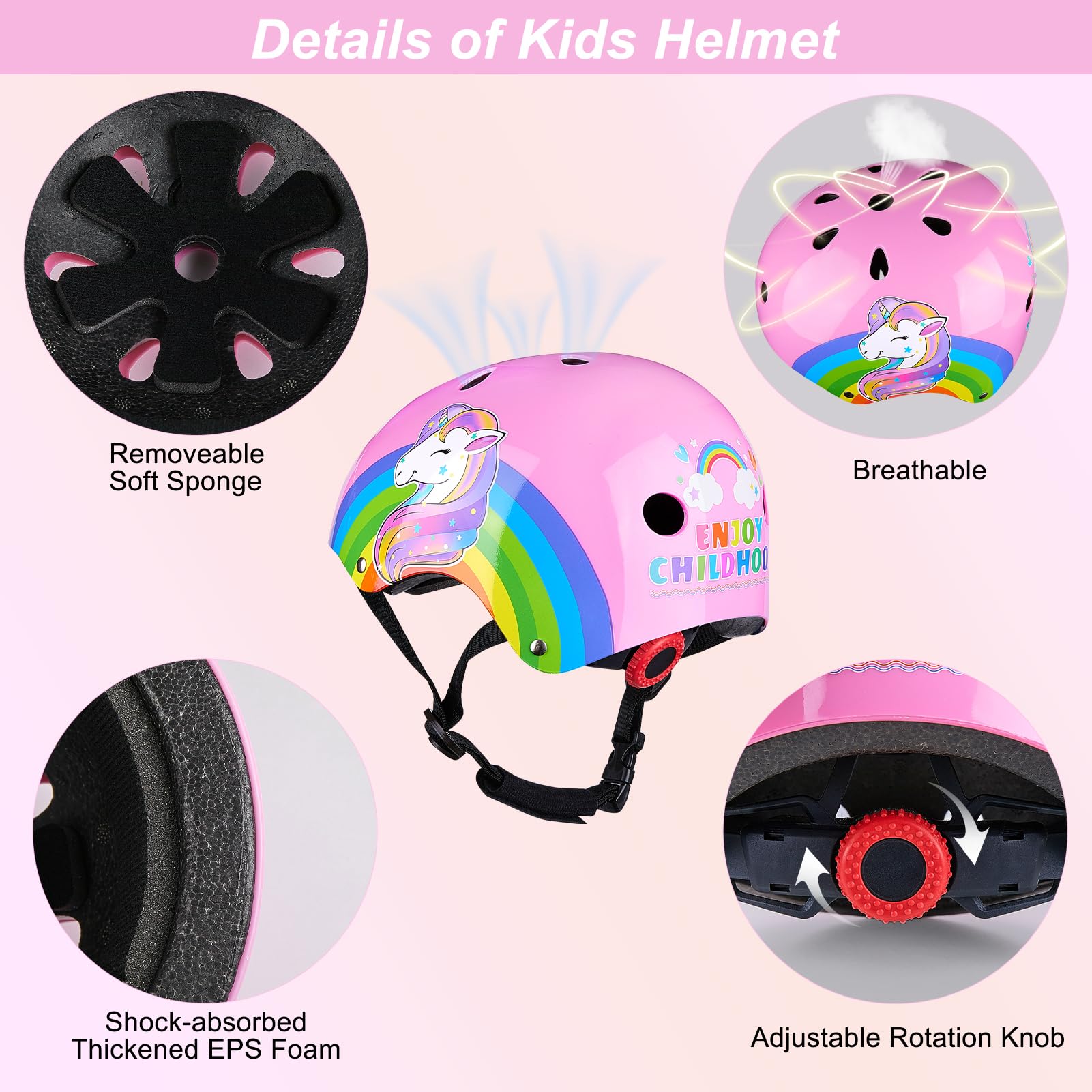 Kids Bike Helmet, Kids Helmets Ages 5-8 with DIY Stickers Kids Knee Pads and Elbow Pads Set Unicorn Toddler Helmets Adjustable Girls Helmet for Age 3-5-8 fit Skateboarding, Roller Skates, Scooter