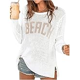 COZYEASE Women's Beach Cover Up Letter Print Long Sleeve Sweater Crew Neck Split Hem Crochet Jumper Top