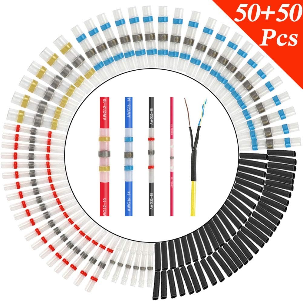 100PCS Solder Seal Wire Connector Heat Shrink Wire Connector Heat Shrink Tubing Butt Connectors Terminals Electric Insulation Protection Waterproof