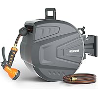 Roywel Retractable Garden Hose Reel 1/2 in x 100ft,Retractable Hose Reel Wall Mount,with 9- Function Sprayer Nozzle,Self-Rewi
