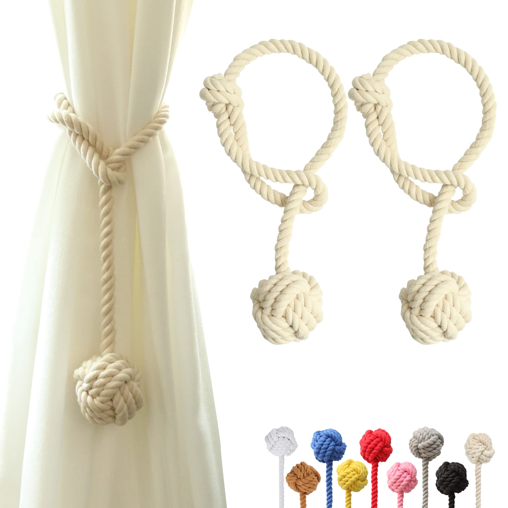 OCIOLI 2 Pieces Curtain Tiebacks Curtain Holdbacks Curtain Ties with Big Woven Ball Outdoor Curtain Tiebacks Cotton Hand Woven Curtain Rope tiebacks Decorative Tie Backs for Drapes (Beige)
