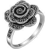 Mytys Vintage Wide Ring Classic Black Marcasite Crystal Rows Statement Silver Chunky Rings