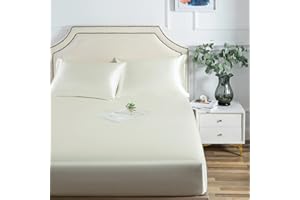 LUXBEDDING Satin Fitted Sheet, Queen Fitted Sheet Only, 1 - Piece Ultra Soft Deep Pocket Single Silk Bottom Bed Sheet Queen - Ivory