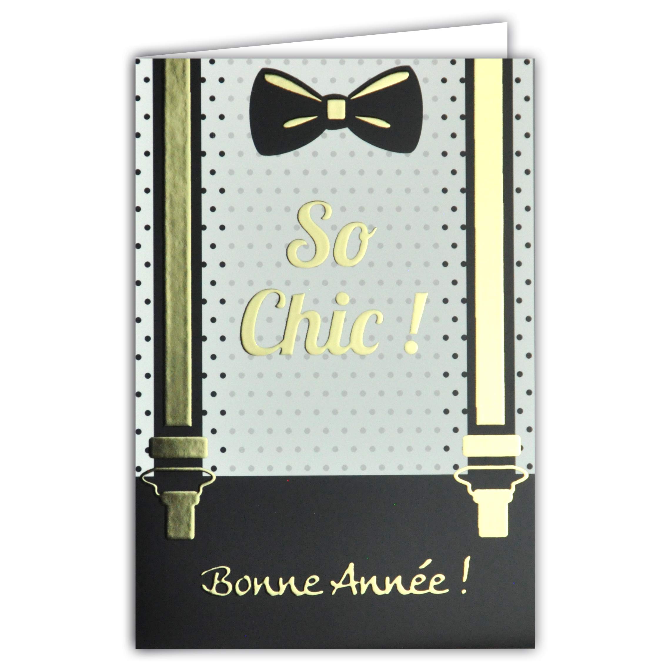 Happy New Year Card So Chic Man Bow Tie Polka Dot Shirt Straps Costume Party Gold Gold