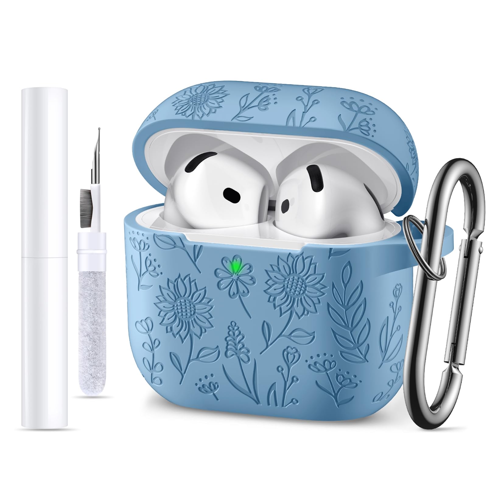 Photo 1 of DaQin for Airpods 4 Case, Cute Flower Engraved Silicone Protective Cover with Cleaner Kit & Keychain Compatible with Apple Airpods 4 Case 2024 for Women, Lakeblue