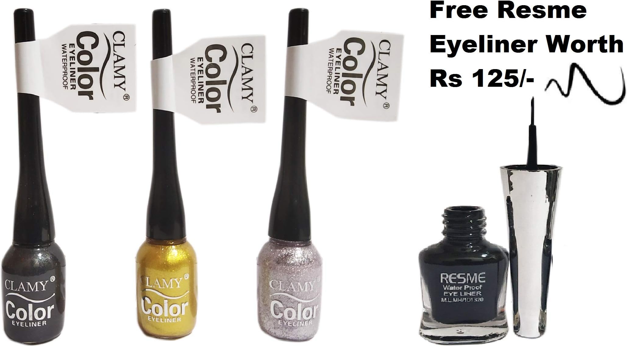 Clamy Glitter Eyeliner (Set of 3) - Black, Gold, Silver, with Free Resme Waterproof Eyeliner