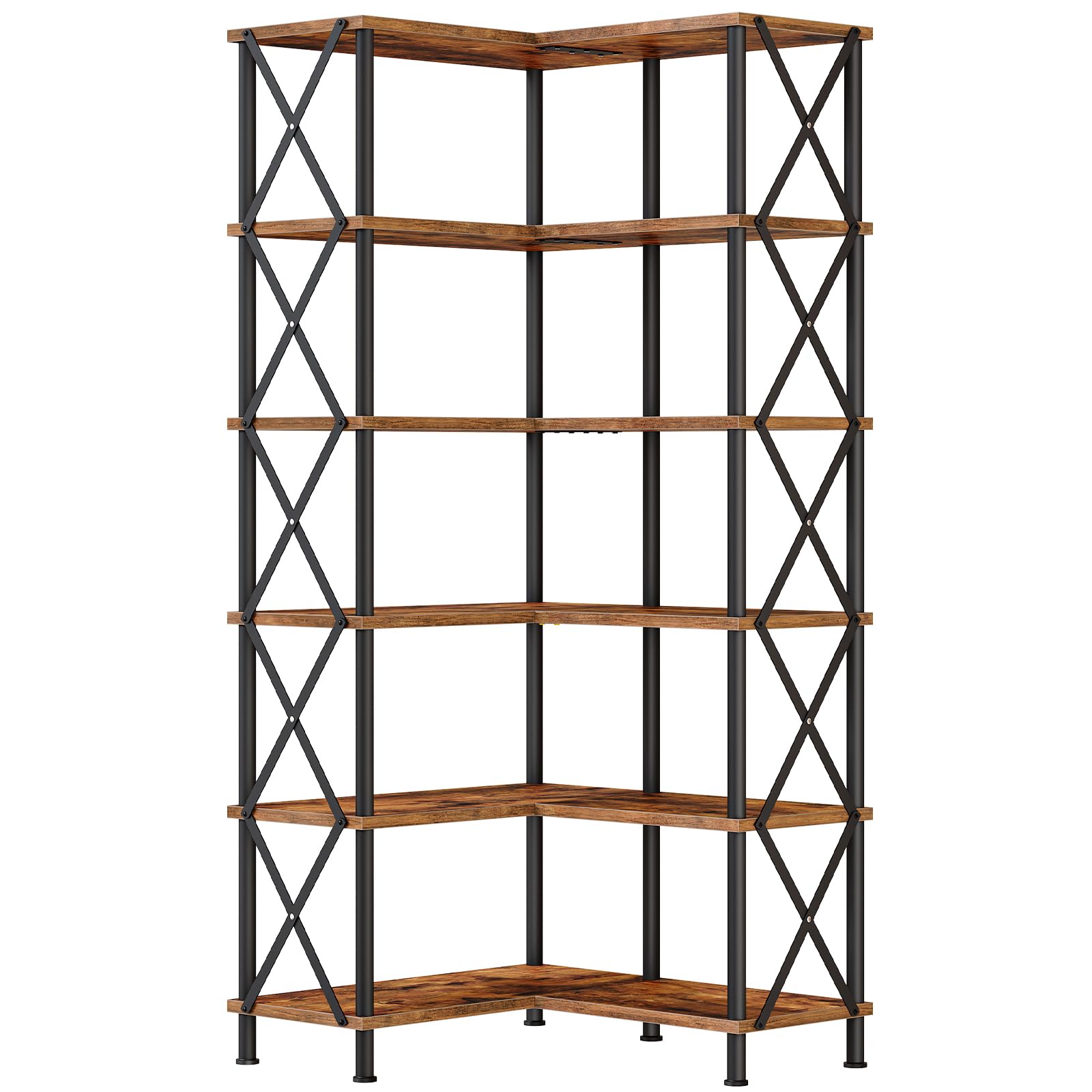 Photo 1 of **ONE PIECE IS DAMAGED **HOOBRO Corner Bookshelf, 6-Tier L-Shaped Bookcase, Industrial Open Display Shelf Tall Storage Organizer, Vertical Storage Rack, for Living Room, Home Office, Rustic Brown and Black BF61SJ01