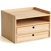KIRIGEN Wooden Desk Organizer with 2 Drawers and Top Tray, Natural 3D2C-NA | Three-Tier Desktop Storage Cabinet Stores Papers, Office Supplies, Cosmetics, Crafts, and Small Accessories for Home Office