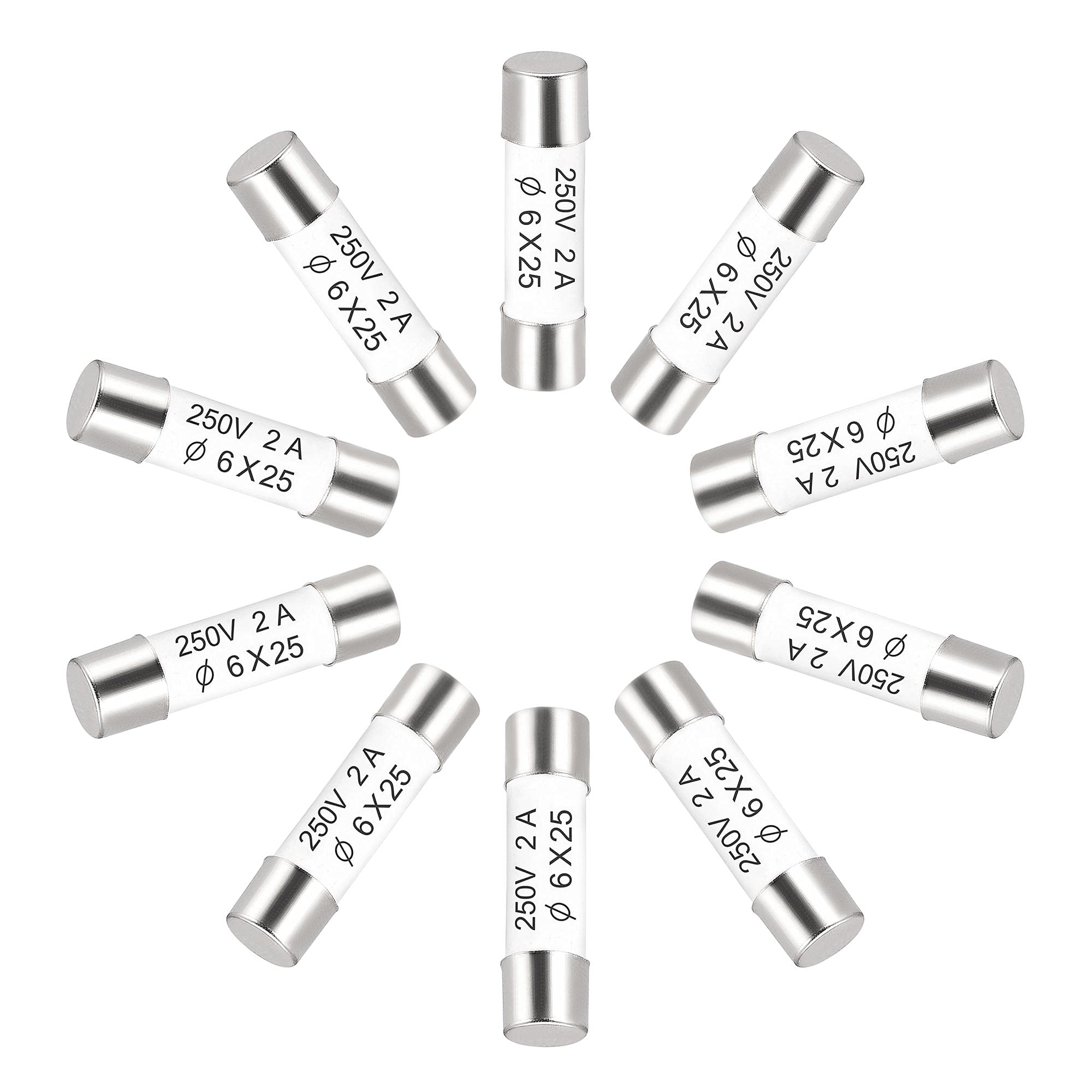 sourcing map Ceramic Cartridge Fuses 2A 250V 6x25mm Ceramic Fuses Fast Blow Replacement for Amplifier Energy Saving Lamp Ballast 10pcs