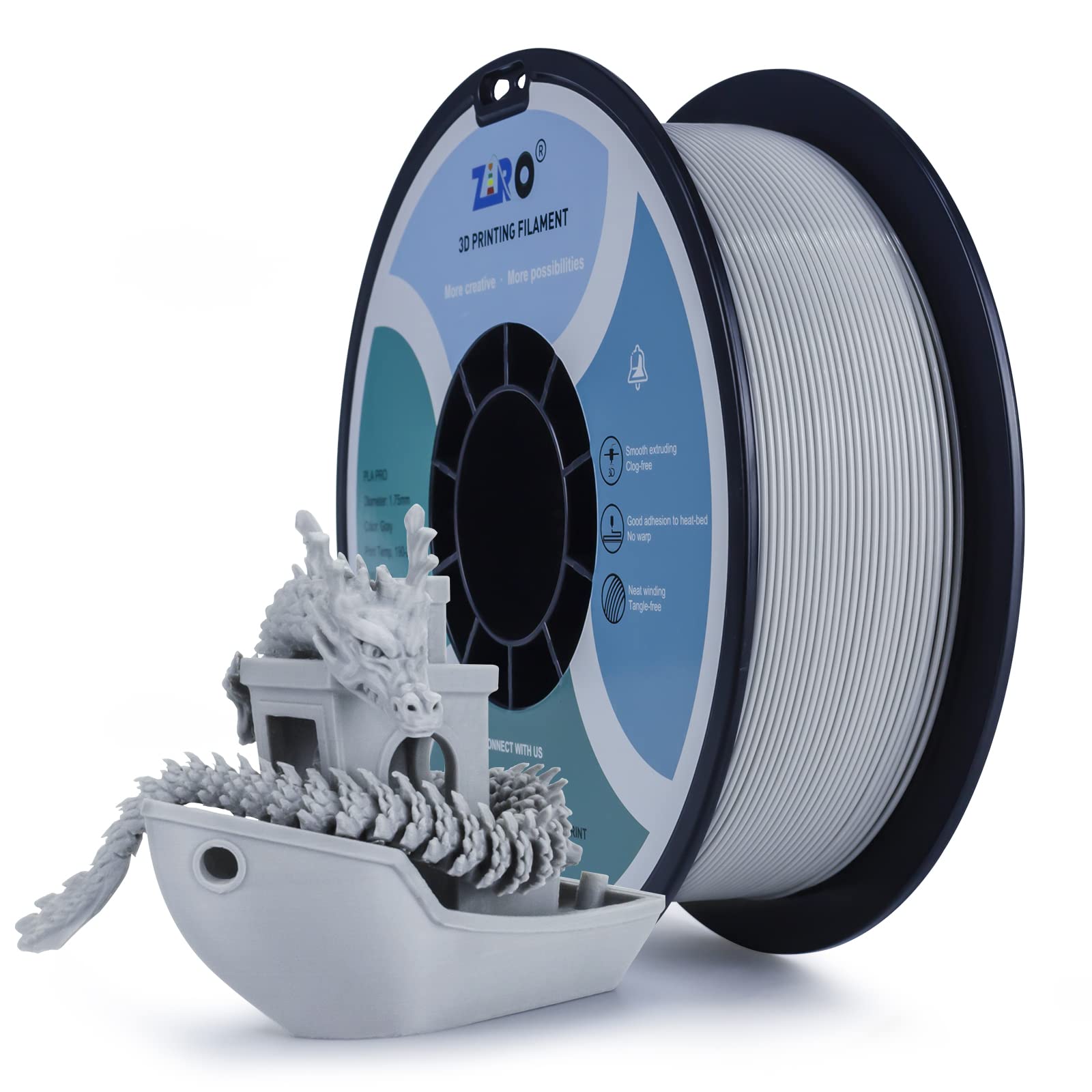 ZIRO PLA Filament 1.75mm, 3D Printer Filament PLA PRO Basic Color Series 1.75MM 1kg (2.2lbs), Dimensional Accuracy +/- 0.03mm, Gray