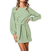 PRETTYGARDEN Womens Spring Elegant Long Lantern Sleeve Short Dress Wedding Guest Crewneck Tie Waist Knit Cocktail Dresses