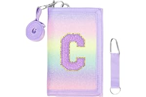 SiorVeol Kids Wallet Girls Trifold Initial Glitter Wallets with Zipper and Card Slots Including Neck Lanyard and Hanging Strap, Blue Purple, C
