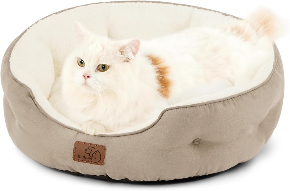 Bedsure Cat Bed Indoor Round 51x48x15cm Reversible Cushion Camel