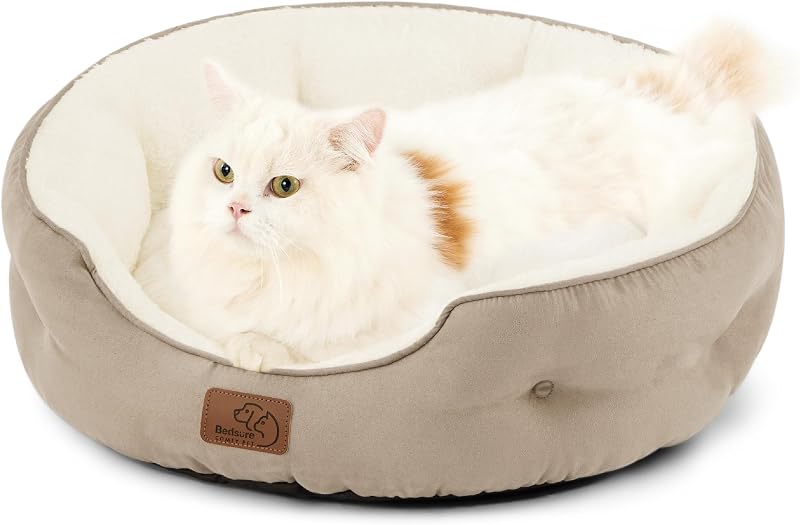 Bedsure Cat Bed Indoor Round 51x48x15cm Reversible Cushion Camel