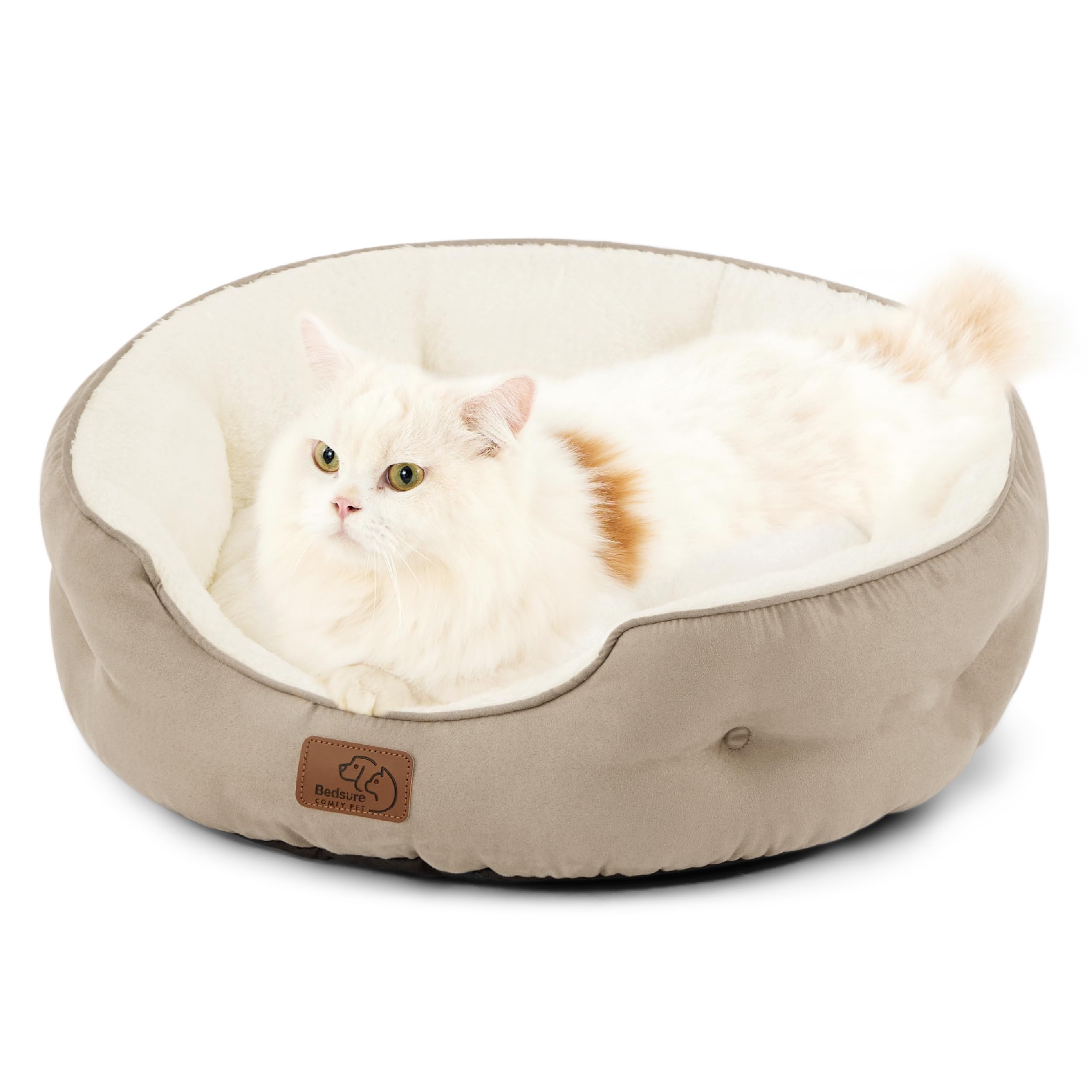 Bedsure Cat Bed for Indoor Cats - 51x48x15cm Round Washable Kitten Bed with Slip-Resistant Bottom and Reversible Cushion, Camel — image 1